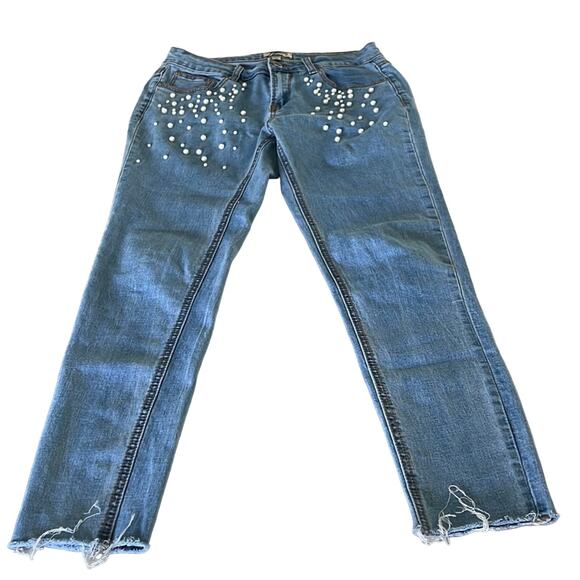 Denim Blvd Los Angeles Blue Stretch Denim Ankle Jeans Pearl Embellished Size 5 - Picture 1 of 11